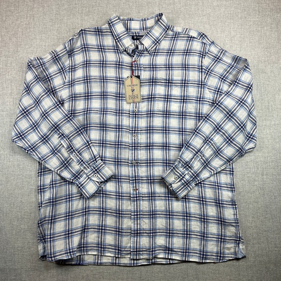 Cremieux French Linen Plaid Button Shirt Men XXL Blue White Prep Coastal NEW NWT - Picture 2 of 12